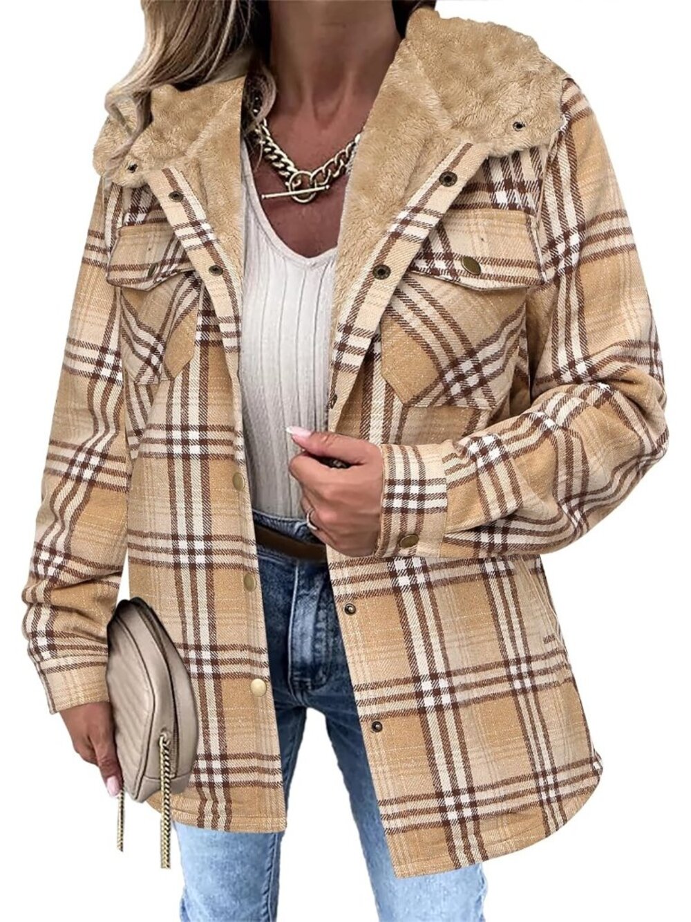 🆕Women's Khaki Flannel Plaid Jacket Fleece Lined Hooded Warm Coat Casual
